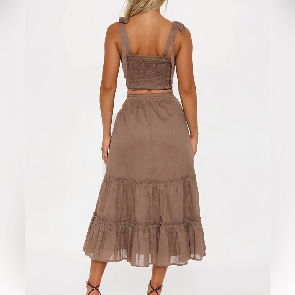 Elegant Brown Tiered Midi Skirt Set